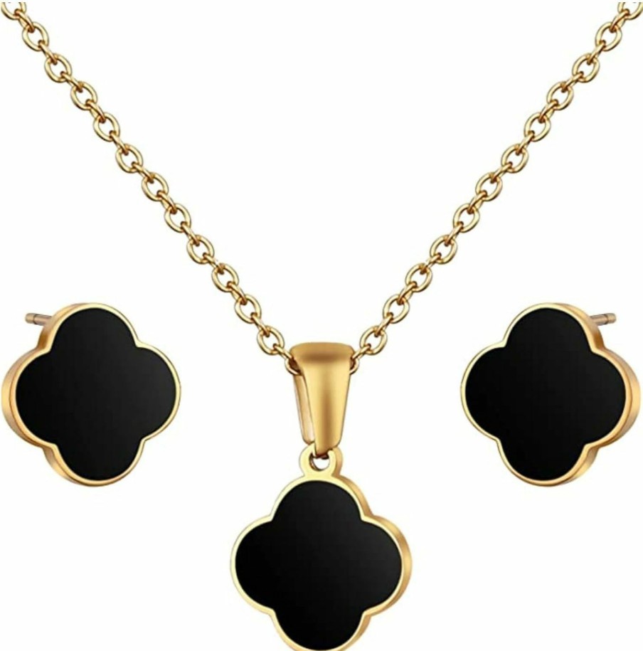 Generic Bello Bee 2 Pcs Lucky Four-Leaf Clover Jewelry Set, Shine Gold-Plated Stainless Steel Necklace, Earrings Set Gift For Women, Stainless Steel, Natural Stone Jewelry Sets