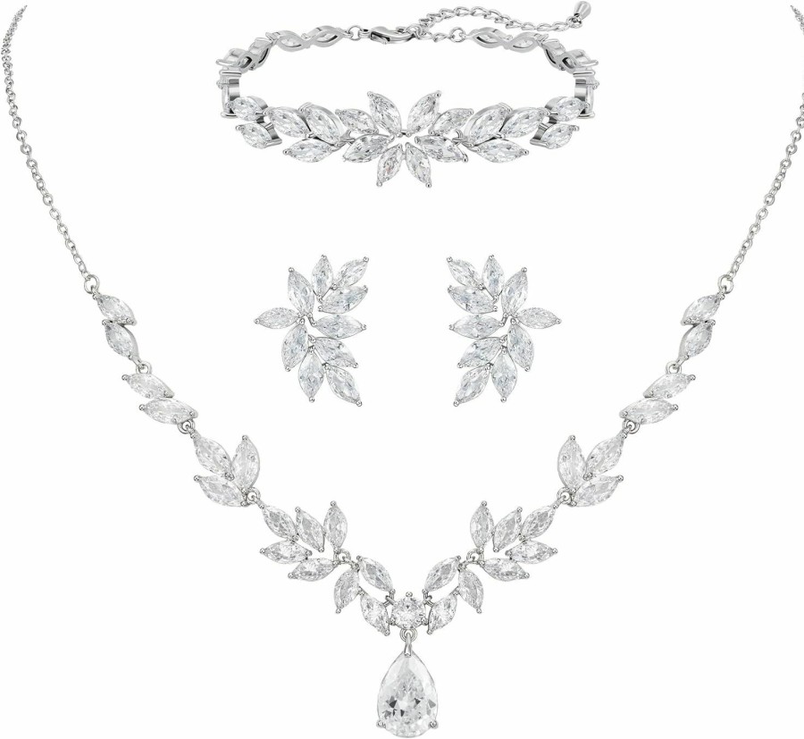 SWEETV Sweetv Bridal Jewelry Set For Wedding, Marquise Cubic Zirconia Necklace Earrings Bracelet Set For Women, Wedding Prom Jewelry For Bride Bridesmaid Jewelry Sets