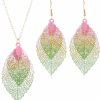 Caiyao Caiyao Leaf Long Pendant Necklace Dangle Earrings Jewelry Set Delicate Colorful Filigree Long Leaves Necklace Unique Bohemian Double Layer Leaf Charm Earrings For Women Girls Jewelry Sets