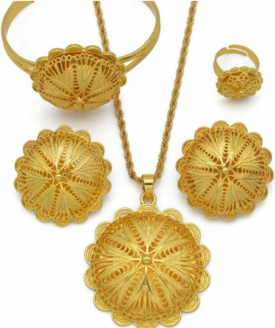 N-Made Beautifull Ethiopian Jewelry For Women Set - Ethiopian Traditional Jewelry - Eritrea Gold Jewelry - Ethiopia Jewelry Sets Pendant Necklaces Earrings Ring Bangles For Womens Gold Color Eritrean African Gifts Jewelry Sets