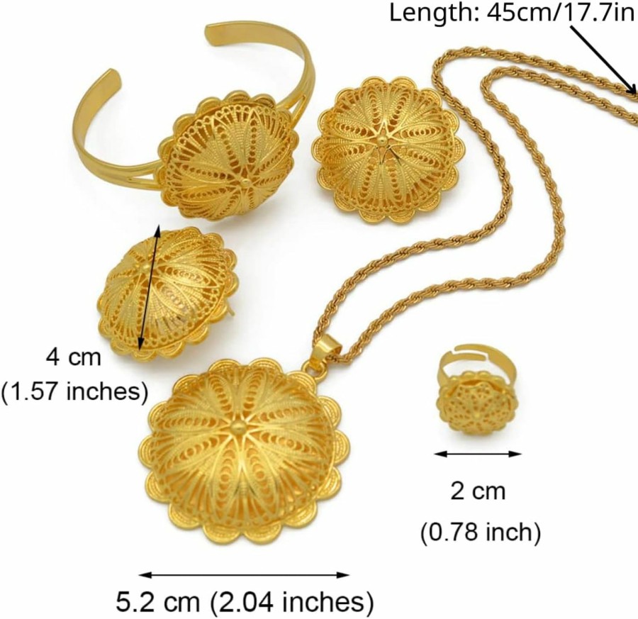 N-Made Beautifull Ethiopian Jewelry For Women Set - Ethiopian Traditional Jewelry - Eritrea Gold Jewelry - Ethiopia Jewelry Sets Pendant Necklaces Earrings Ring Bangles For Womens Gold Color Eritrean African Gifts Jewelry Sets