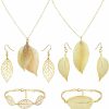 Ecally Ecally 6 Pcs Leaf Earrings And Long Necklaces Bracelet Jewelry Set For Women 2 Gold Tone Multi Leaves Necklace 2 Pairs Leaf Dangling Earrings 2 Adjustable Bracelet Gifts For Girls Jewelry Sets