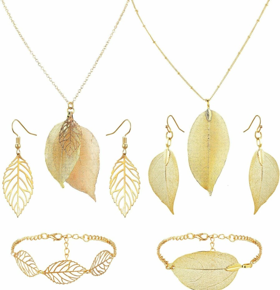 Ecally Ecally 6 Pcs Leaf Earrings And Long Necklaces Bracelet Jewelry Set For Women 2 Gold Tone Multi Leaves Necklace 2 Pairs Leaf Dangling Earrings 2 Adjustable Bracelet Gifts For Girls Jewelry Sets