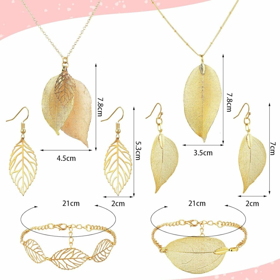 Ecally Ecally 6 Pcs Leaf Earrings And Long Necklaces Bracelet Jewelry Set For Women 2 Gold Tone Multi Leaves Necklace 2 Pairs Leaf Dangling Earrings 2 Adjustable Bracelet Gifts For Girls Jewelry Sets