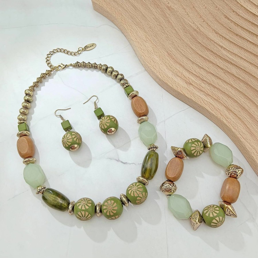 Bocar Bocar Chunky Wooden Beaded Collar Necklace Earrings Bracelet Handmade 3 Sets For Women Gift Jewelry Sets