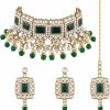 Aheli Aheli Traditional Ethnic Kundan Pearls Bridal Choker Necklace Earring Maang Tikka Indian Bollywood Jewelry Set For Women Girls (Green) Jewelry Sets