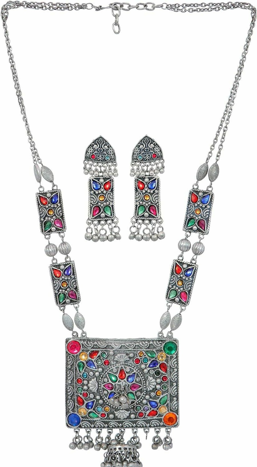 Jewel India Indian Antique Silver Oxidized Polish Afghani Tribal Gypsy Boho Ghungroo Bells Statement Kutchi Tassel Big Pendant Long Chain Necklace Earrings Jewelry Women Multi Jewelry Sets