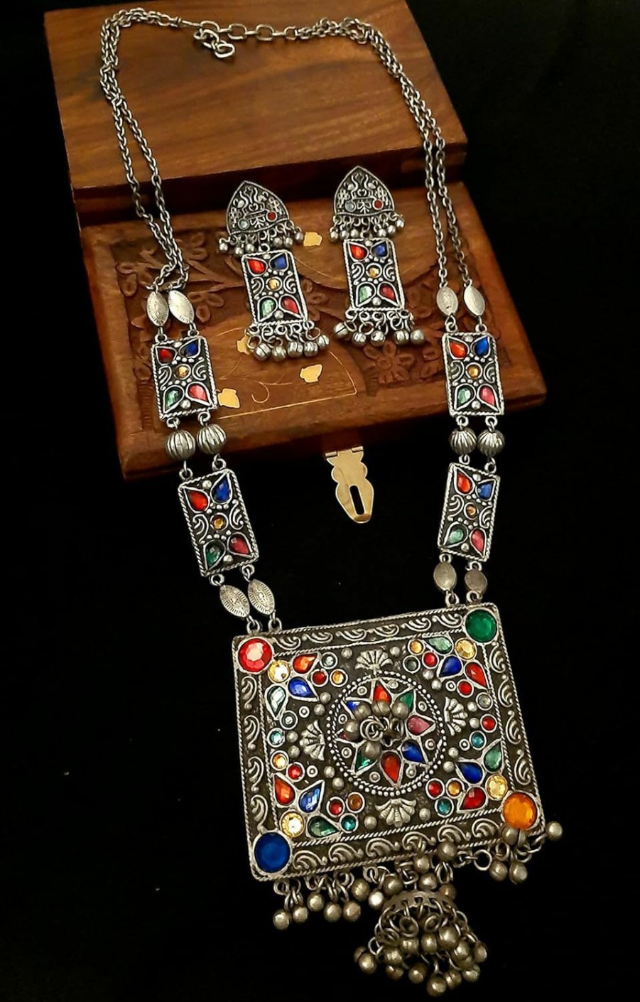 Jewel India Indian Antique Silver Oxidized Polish Afghani Tribal Gypsy Boho Ghungroo Bells Statement Kutchi Tassel Big Pendant Long Chain Necklace Earrings Jewelry Women Multi Jewelry Sets