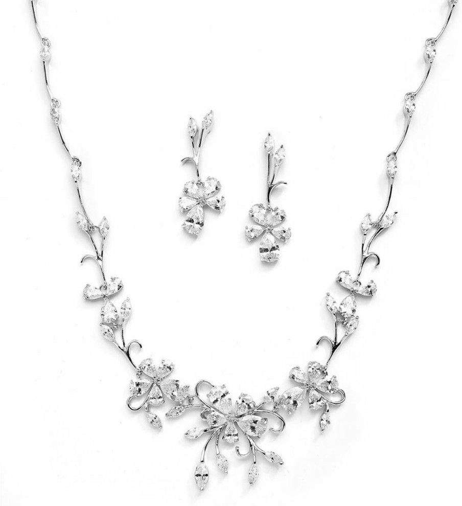 Mariell Mariell Silver Platinum Vine Cz Necklace And Earrings Jewelry Set For Brides, Weddings & Evening Wear Jewelry Sets