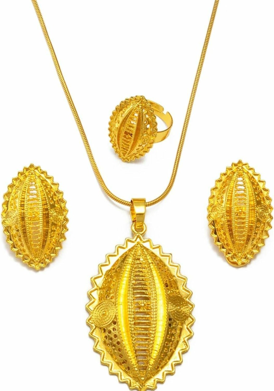 ETH-JE-G Ethiopian Jewelry For Women Set, Eritrean Jewelry Set For Women African Jewelry Sets Eritrean Ethiopian Ethnic Traditional Jewelry For Wedding Engagement Sets Gold Color Africa Jewelry Sets