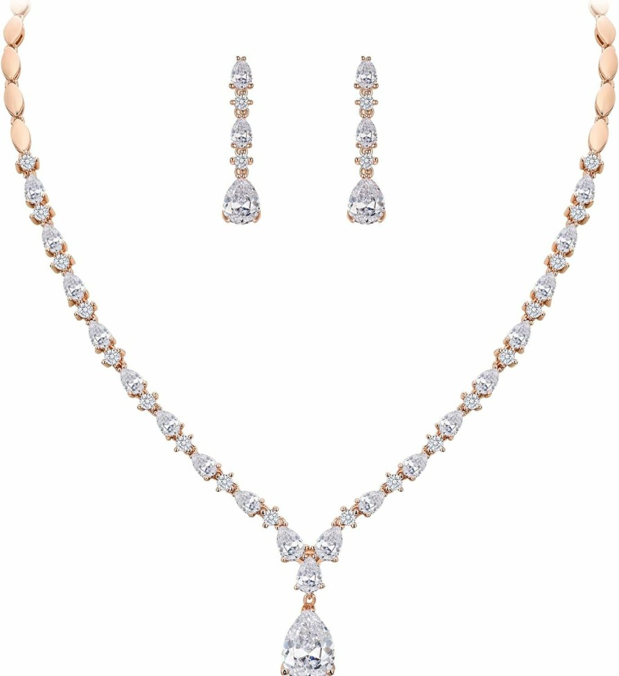 EVER FAITH Ever Faith Gorgeous Cubic Zirconia Charming Water Drop Bridal Bride Necklace Earrings Set Silver-Tone Jewelry Sets