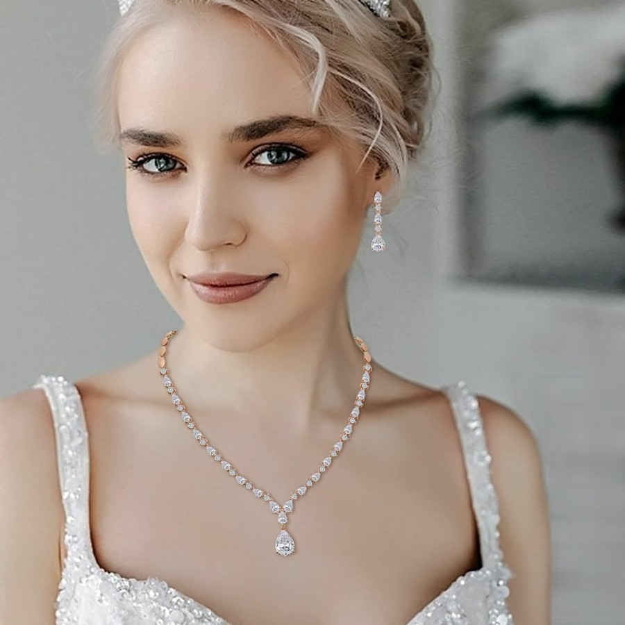 EVER FAITH Ever Faith Gorgeous Cubic Zirconia Charming Water Drop Bridal Bride Necklace Earrings Set Silver-Tone Jewelry Sets