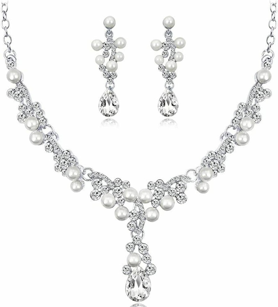 Octwine Octwine Bride Crystals Rhinestones Pearls Necklace Earrings Set Bridal Wedding Jewelry Sets Rhinestone Choker Necklace Prom Party Costume Jewelry Set For Women And Girls(Silver 4) Jewelry Sets