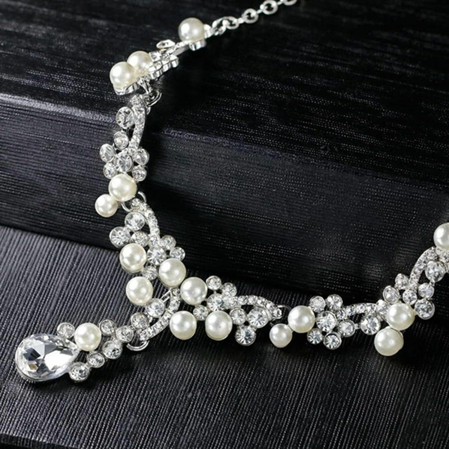 Octwine Octwine Bride Crystals Rhinestones Pearls Necklace Earrings Set Bridal Wedding Jewelry Sets Rhinestone Choker Necklace Prom Party Costume Jewelry Set For Women And Girls(Silver 4) Jewelry Sets