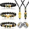 Florideco Florideco 7 Pieces Feng Shui Pi Xiu Bracelet Necklace Ring Set Adjustable Feng Shui Pixiu Mantra Ring Black Obsidian Wealth Bracelet Feng Shui Lucky Nafu Wealth Necklaces For Men Women Jewelry Sets