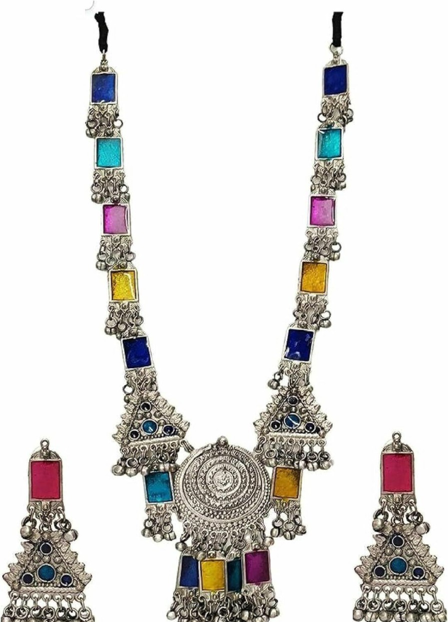 Siddhatva Siddhatva Ethnic Designer Traditional Indian Afghani Antique Silver Oxidized Bridesmaid Long Necklace Earrings Jewelry For Women Girls Jewelry Sets