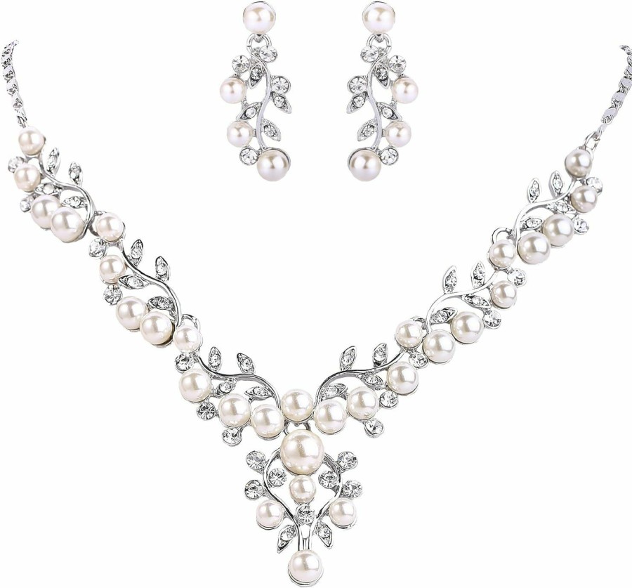 EVER FAITH Ever Faith Women'S Crystal Simulated Pearl Leaf Vine Necklace Earrings Set Clear Silver-Tone Jewelry Sets