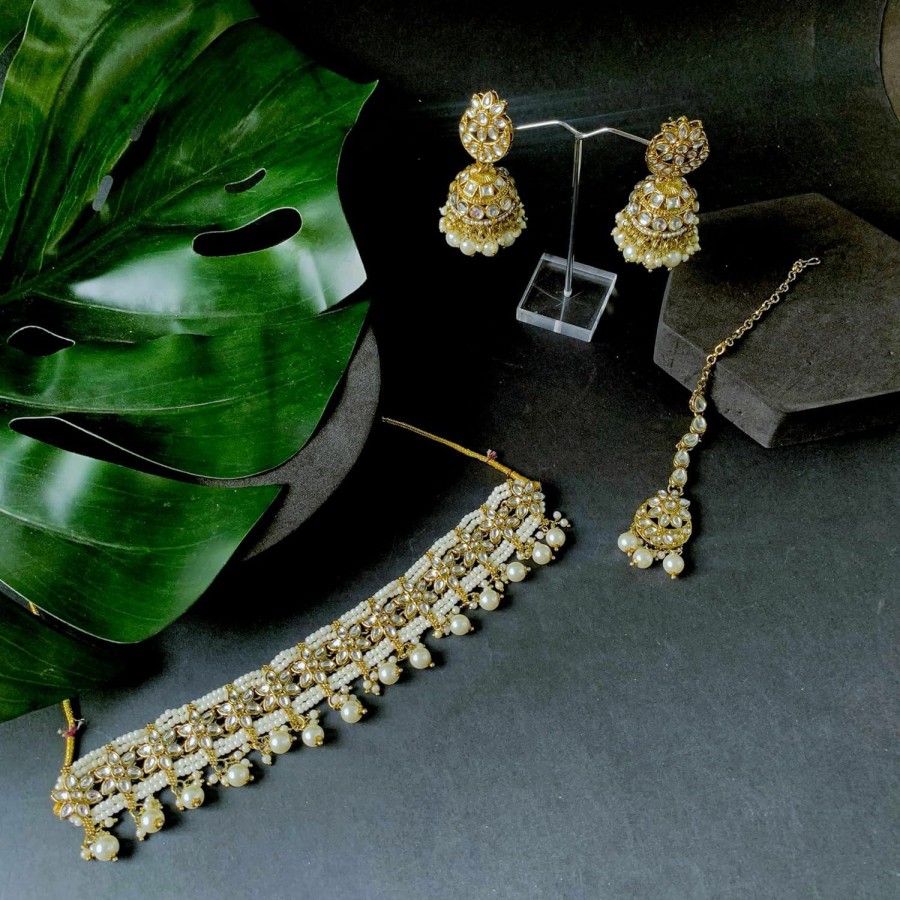 I Jewels I Jewels Gold Plated Indian Wedding Bollywood Unique Design Multi Layer Statement Handmade Choker Necklace Jewellery & Jhumka Earring Set For Women/Girls(K7279W) Jewelry Sets